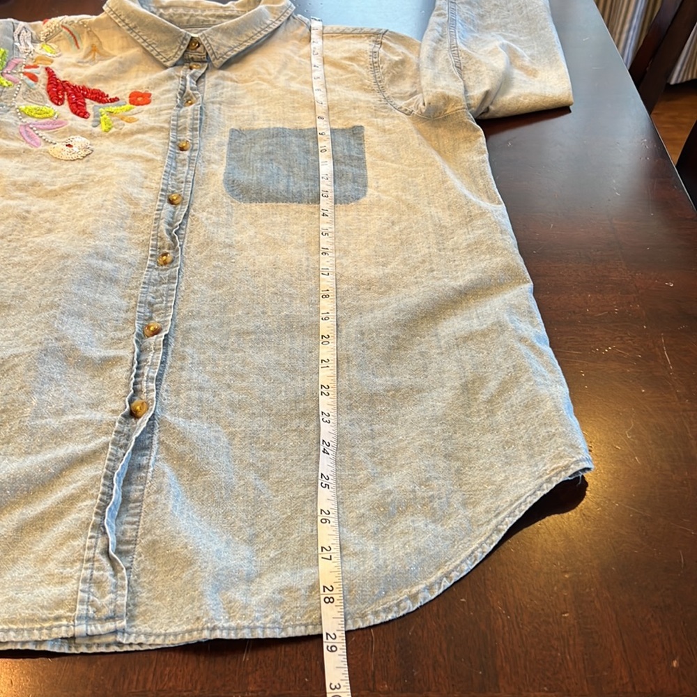 Maeve Light Blue Chambray Button-Down Shirt with Multicolor Embroidery - Picture 13 of 13